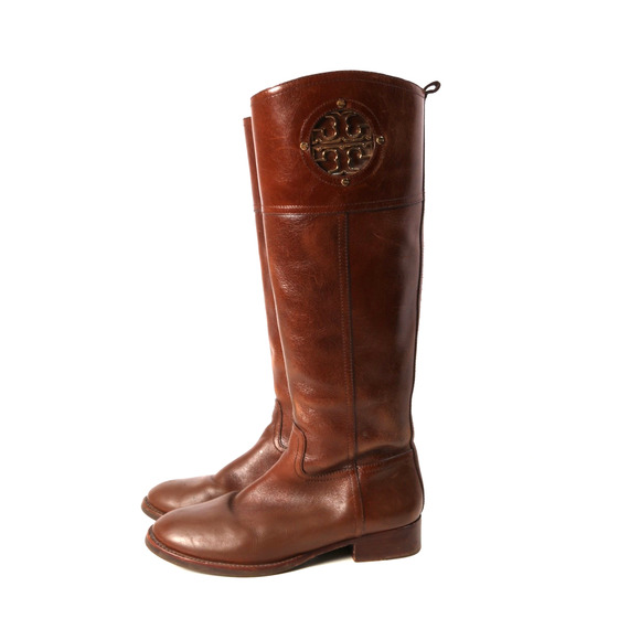 TORY BURCH Kiernan Riding Brown Leather Logo Knee High Boots Size 7M - Picture 2 of 16